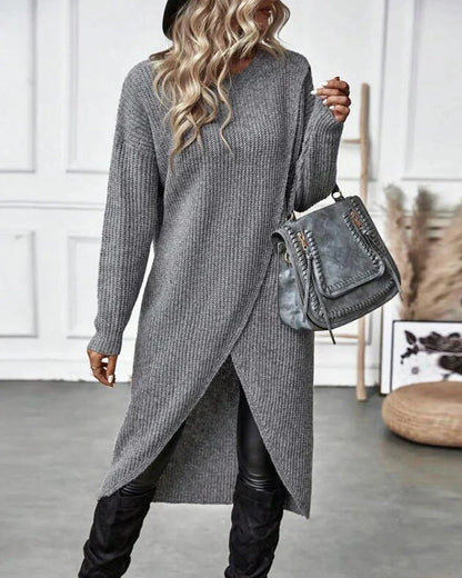 Cozy Olive Green Sweater Dress for Women with Crew Neck Long Sleeve Ribbed Knit Wrap Hem Style