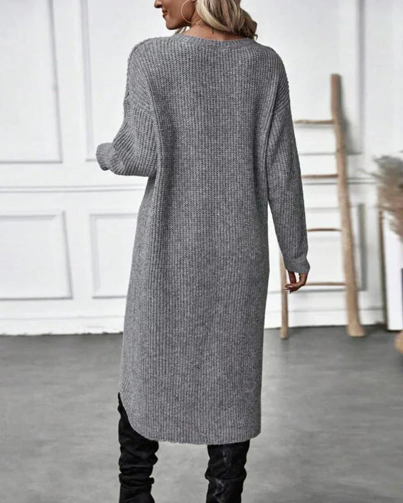 Cozy Olive Green Sweater Dress for Women with Crew Neck Long Sleeve Ribbed Knit Wrap Hem Style