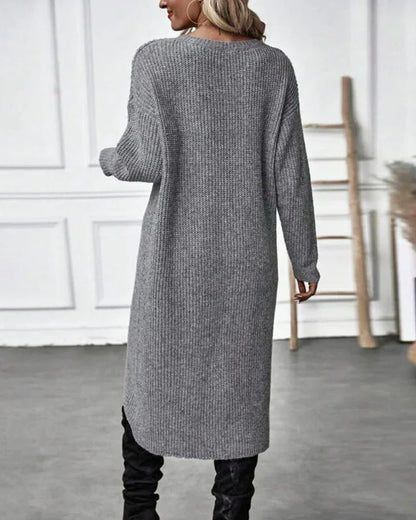 Cozy Olive Green Sweater Dress for Women with Crew Neck Long Sleeve Ribbed Knit Wrap Hem Style