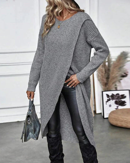 Cozy Olive Green Sweater Dress for Women with Crew Neck Long Sleeve Ribbed Knit Wrap Hem Style