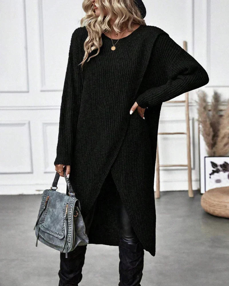 Cozy Olive Green Sweater Dress for Women with Crew Neck Long Sleeve Ribbed Knit Wrap Hem Style