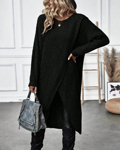 Cozy Olive Green Sweater Dress for Women with Crew Neck Long Sleeve Ribbed Knit Wrap Hem Style