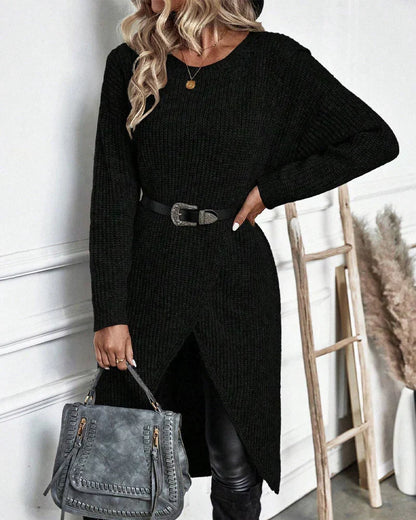 Cozy Olive Green Sweater Dress for Women with Crew Neck Long Sleeve Ribbed Knit Wrap Hem Style