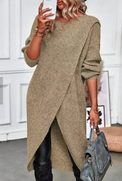 Cozy Olive Green Sweater Dress for Women with Crew Neck Long Sleeve Ribbed Knit Wrap Hem Style