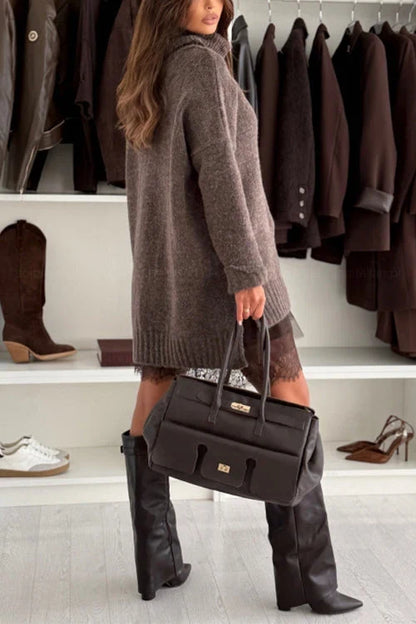 Cozy Ribbed Turtleneck Sweater Dress for Women with Drop Shoulder Long Sleeve Lace Hem Oversized Style