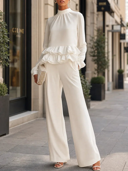 Elegant White Long Sleeve Top for Women with High Neck Ruffle Hem Wide Leg Pant Two Piece Style