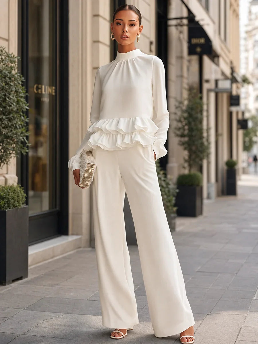 Elegant White Long Sleeve Top for Women with High Neck Ruffle Hem Wide Leg Pant Two Piece Style