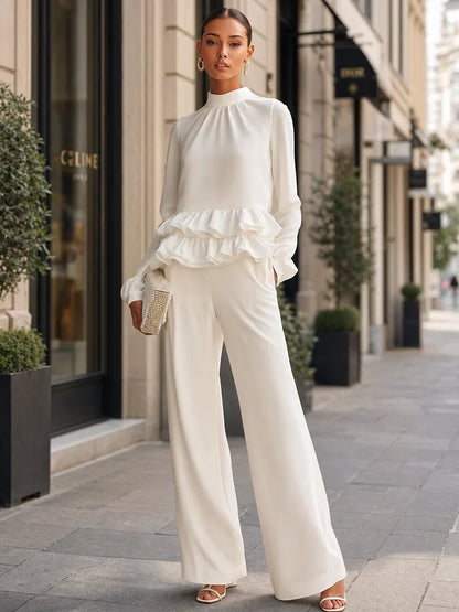 Elegant White Long Sleeve Top for Women with High Neck Ruffle Hem Wide Leg Pant Two Piece Style