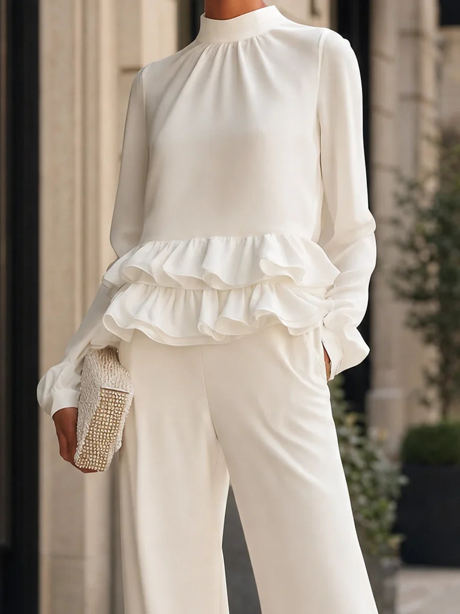 Elegant White Long Sleeve Top for Women with High Neck Ruffle Hem Wide Leg Pant Two Piece Style