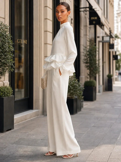 Elegant White Long Sleeve Top for Women with High Neck Ruffle Hem Wide Leg Pant Two Piece Style