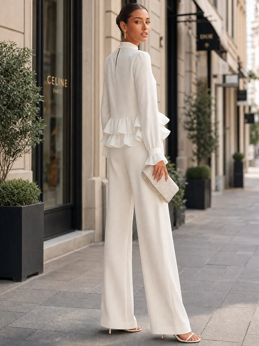 Elegant White Long Sleeve Top for Women with High Neck Ruffle Hem Wide Leg Pant Two Piece Style