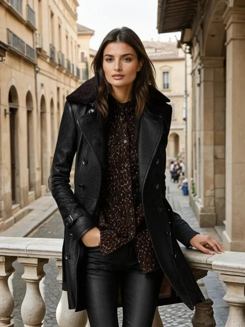 Elegant Black Leather Shearling Coat for Women with Sherpa Collar Long Sleeve Belted Style