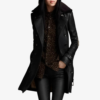 Elegant Black Leather Shearling Coat for Women with Sherpa Collar Long Sleeve Belted Style