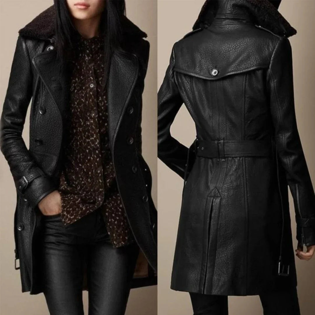 Elegant Black Leather Shearling Coat for Women with Sherpa Collar Long Sleeve Belted Style