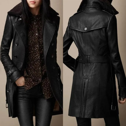 Elegant Black Leather Shearling Coat for Women with Sherpa Collar Long Sleeve Belted Style