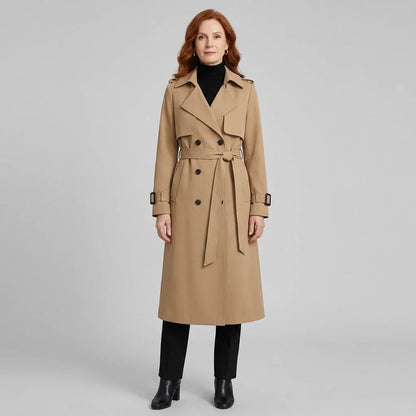 Elegant Trench Coat for Women with Notched Lapel Long Sleeve Double Breasted Belted Waist Style