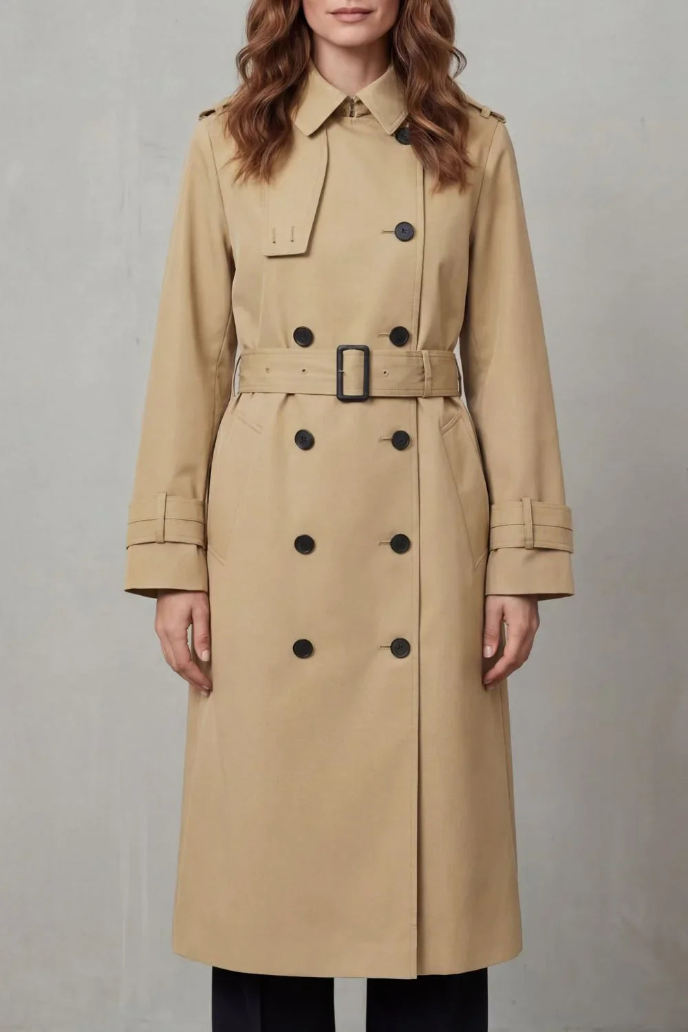 Classic Trench Coat for Women with Notched Lapel Long Sleeve Double Breasted Belted Style