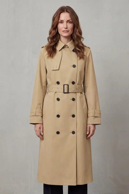 Classic Trench Coat for Women with Notched Lapel Long Sleeve Double Breasted Belted Style
