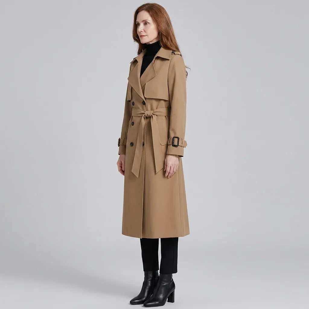 Elegant Trench Coat for Women with Notched Lapel Long Sleeve Double Breasted Belted Waist Style