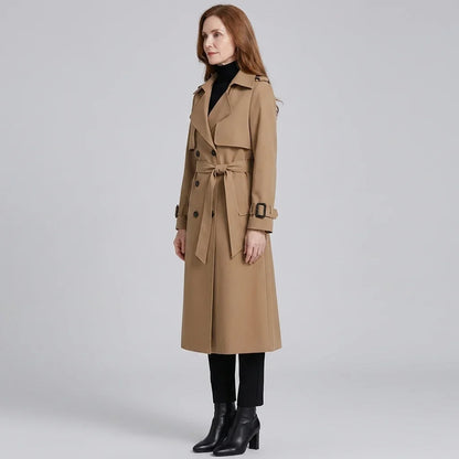 Elegant Trench Coat for Women with Notched Lapel Long Sleeve Double Breasted Belted Waist Style