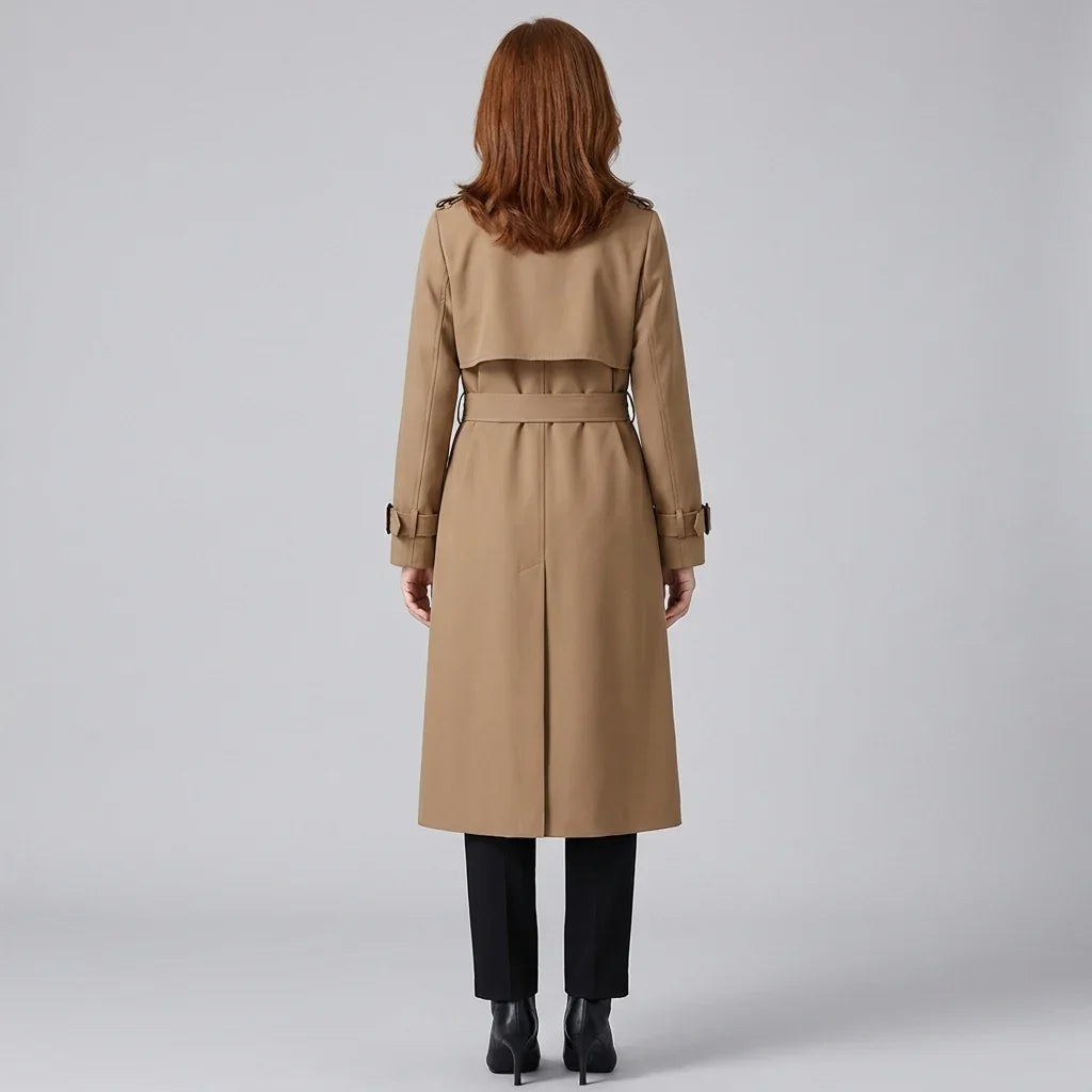 Elegant Trench Coat for Women with Notched Lapel Long Sleeve Double Breasted Belted Waist Style
