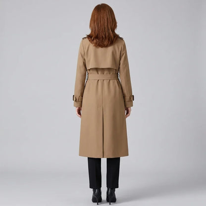 Elegant Trench Coat for Women with Notched Lapel Long Sleeve Double Breasted Belted Waist Style
