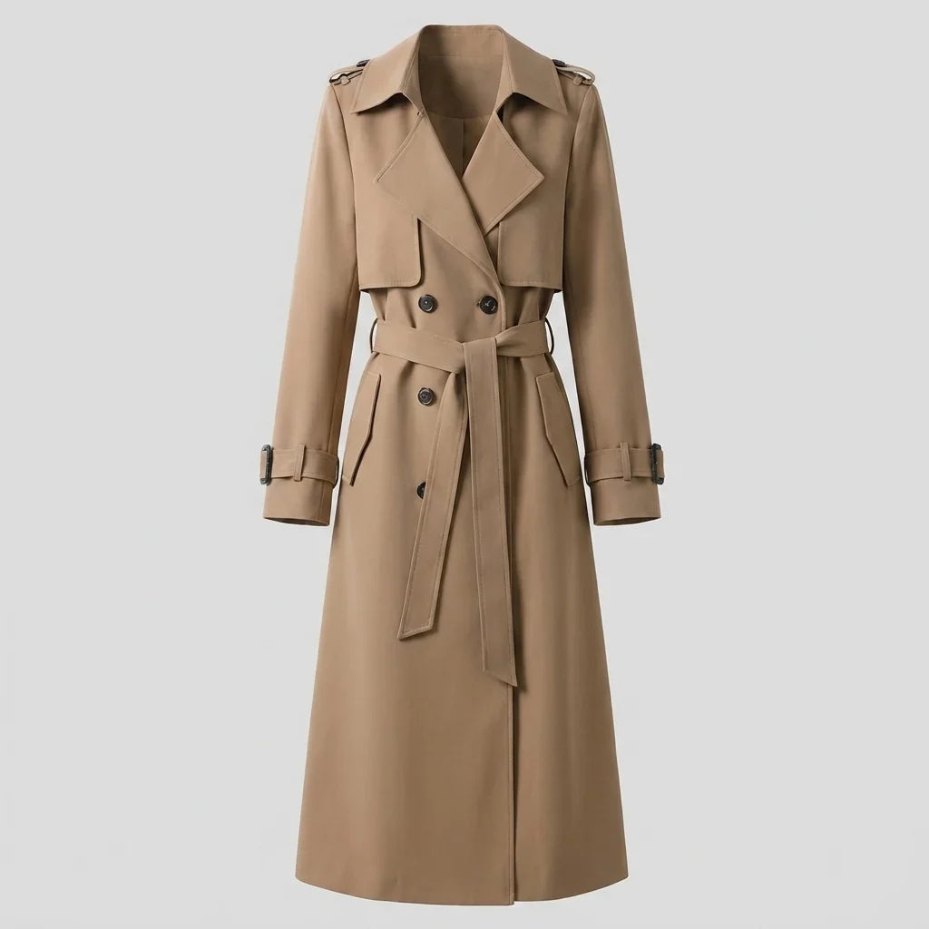 Elegant Trench Coat for Women with Notched Lapel Long Sleeve Double Breasted Belted Waist Style