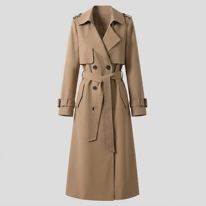 Elegant Trench Coat for Women with Notched Lapel Long Sleeve Double Breasted Belted Waist Style