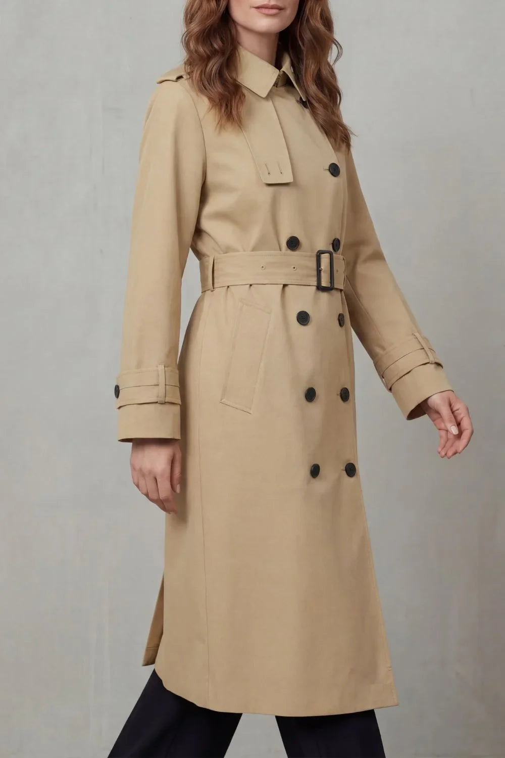 Classic Trench Coat for Women with Notched Lapel Long Sleeve Double Breasted Belted Style