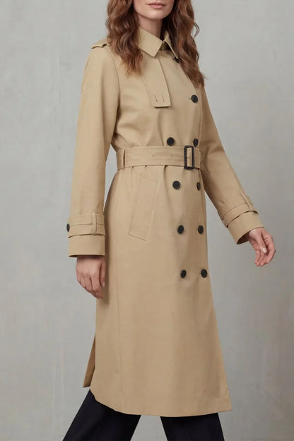 Classic Trench Coat for Women with Notched Lapel Long Sleeve Double Breasted Belted Style