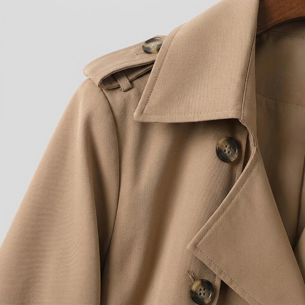 Elegant Trench Coat for Women with Notched Lapel Long Sleeve Double Breasted Belted Waist Style