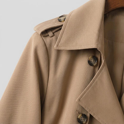 Elegant Trench Coat for Women with Notched Lapel Long Sleeve Double Breasted Belted Waist Style