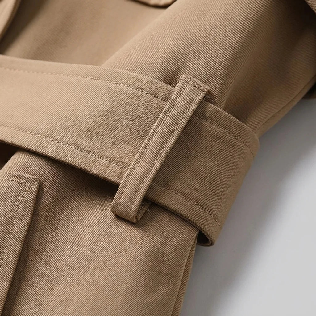 Elegant Trench Coat for Women with Notched Lapel Long Sleeve Double Breasted Belted Waist Style