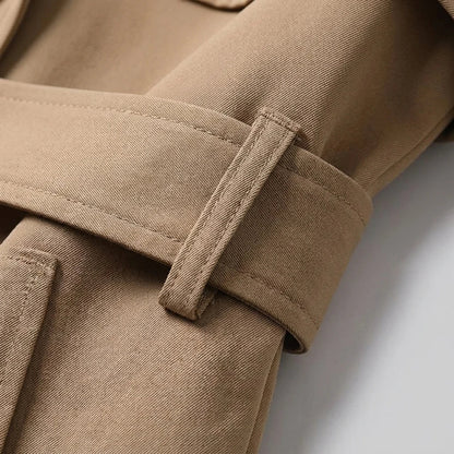 Elegant Trench Coat for Women with Notched Lapel Long Sleeve Double Breasted Belted Waist Style