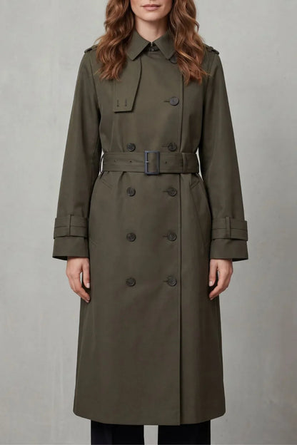 Classic Trench Coat for Women with Notched Lapel Long Sleeve Double Breasted Belted Style