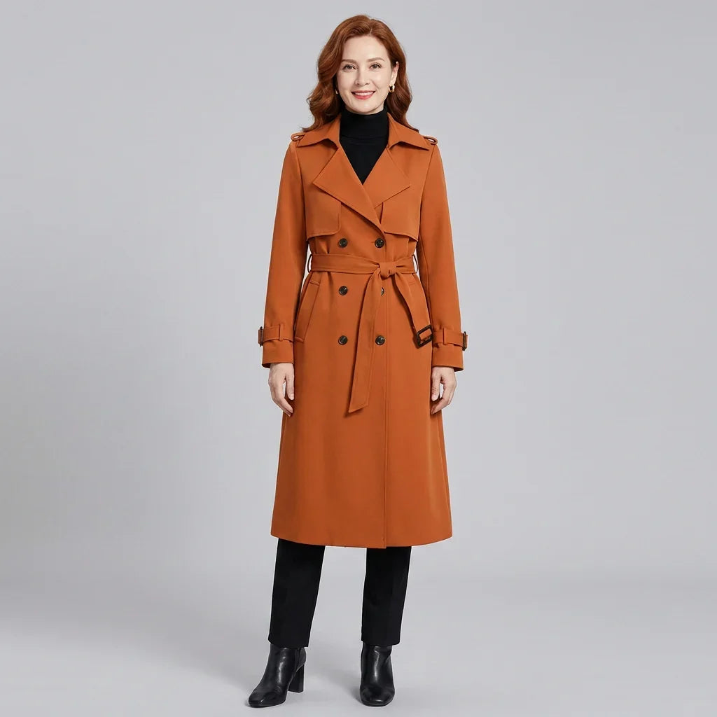 Elegant Trench Coat for Women with Notched Lapel Long Sleeve Double Breasted Belted Waist Style