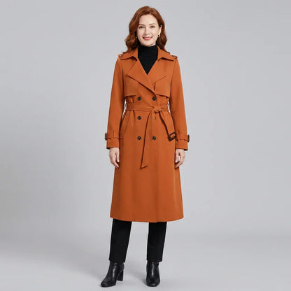 Elegant Trench Coat for Women with Notched Lapel Long Sleeve Double Breasted Belted Waist Style