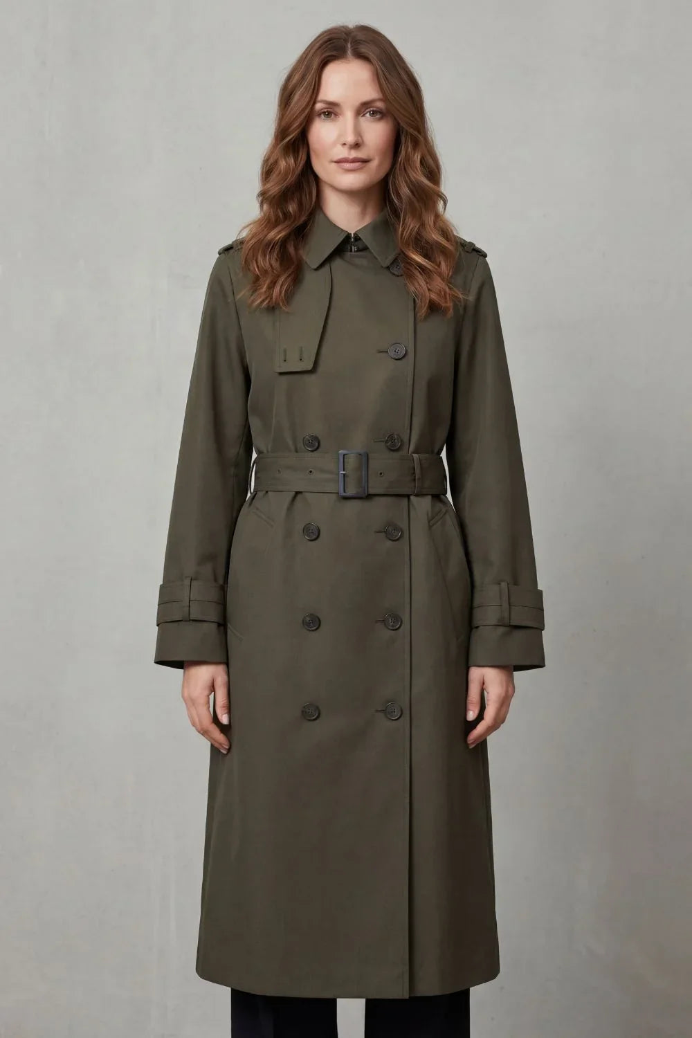 Classic Trench Coat for Women with Notched Lapel Long Sleeve Double Breasted Belted Style