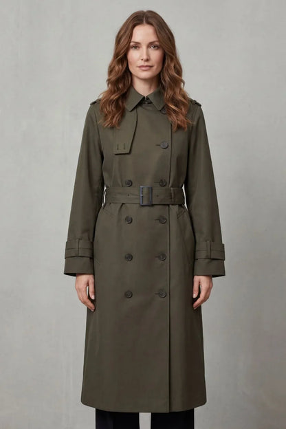 Classic Trench Coat for Women with Notched Lapel Long Sleeve Double Breasted Belted Style