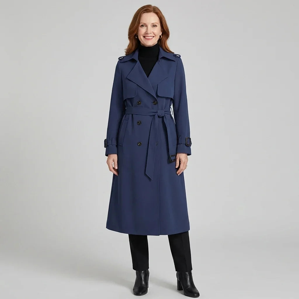 Elegant Trench Coat for Women with Notched Lapel Long Sleeve Double Breasted Belted Waist Style