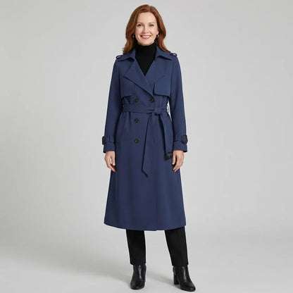 Elegant Trench Coat for Women with Notched Lapel Long Sleeve Double Breasted Belted Waist Style