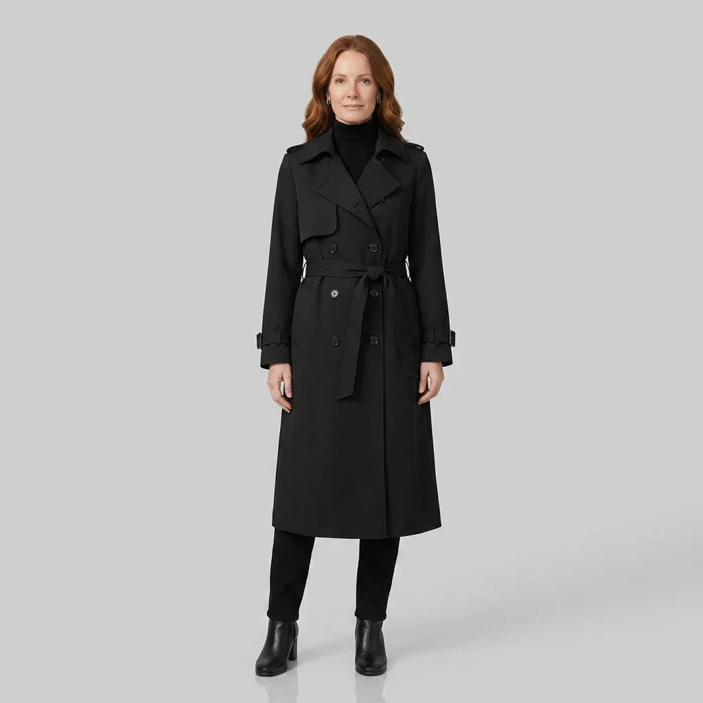 Elegant Trench Coat for Women with Notched Lapel Long Sleeve Double Breasted Belted Waist Style