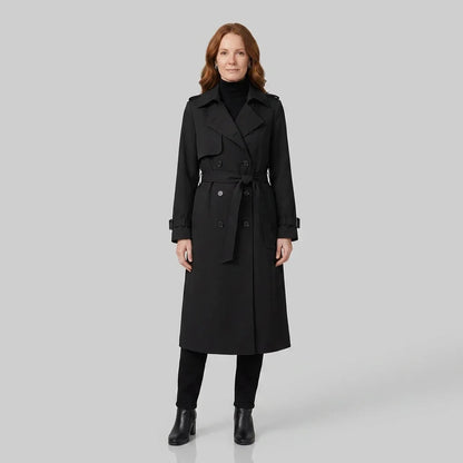 Elegant Trench Coat for Women with Notched Lapel Long Sleeve Double Breasted Belted Waist Style