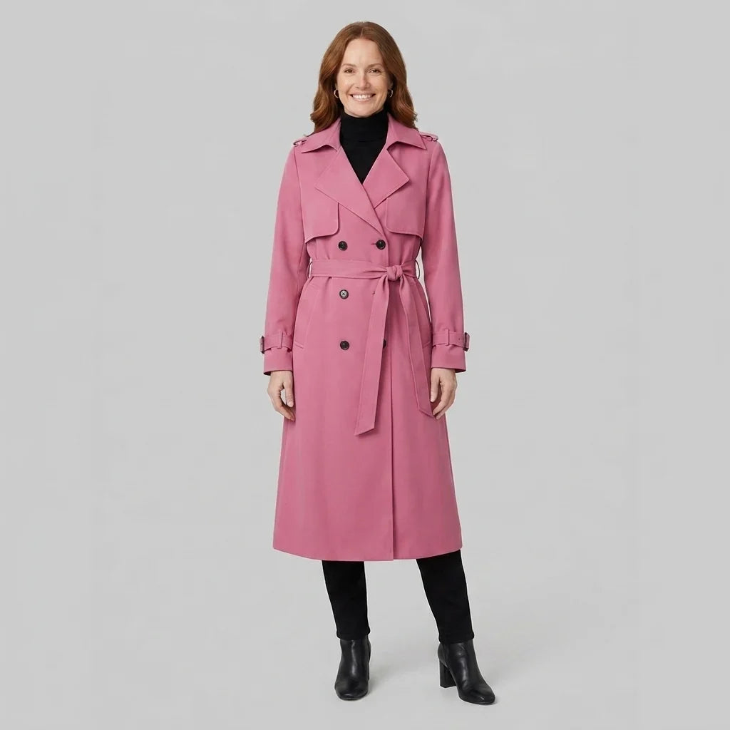 Elegant Trench Coat for Women with Notched Lapel Long Sleeve Double Breasted Belted Waist Style