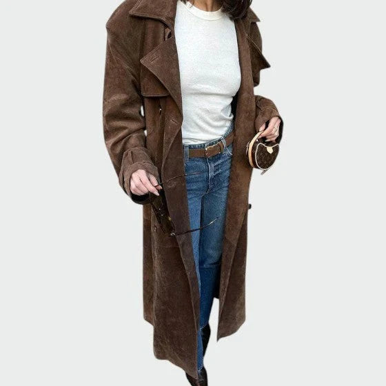Elegant Brown Suede Trench Coat for Women with Notched Lapel Long Sleeve Belted Double Breasted Style