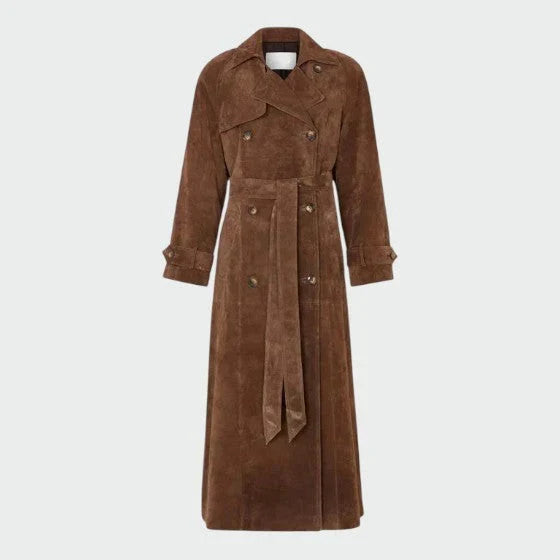Elegant Brown Suede Trench Coat for Women with Notched Lapel Long Sleeve Belted Double Breasted Style