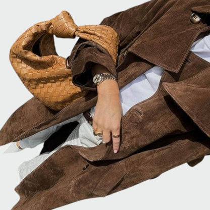 Elegant Brown Suede Trench Coat for Women with Notched Lapel Long Sleeve Belted Double Breasted Style