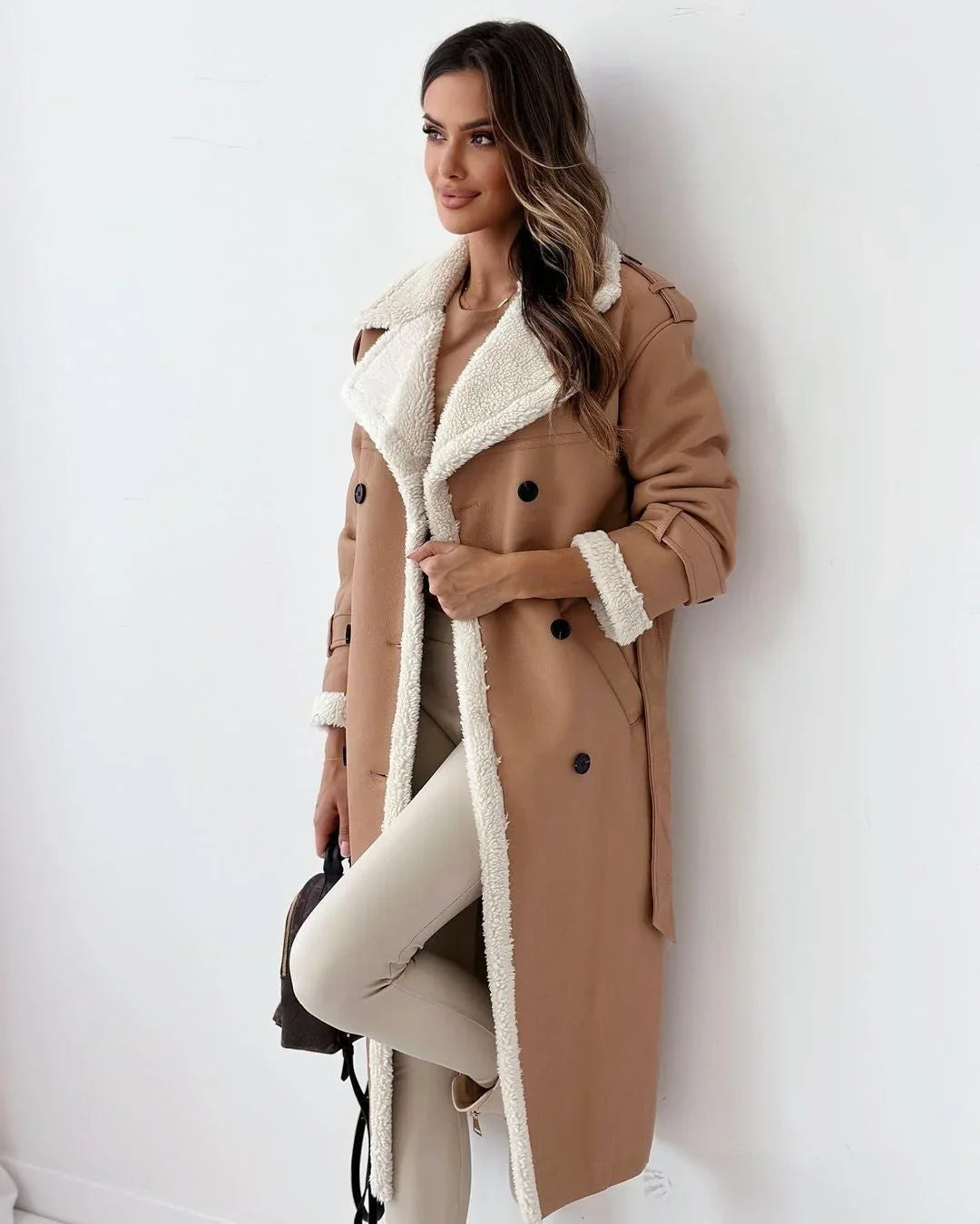 Cozy Trench Coat for Women with Notched Lapel Long Sleeve Double Breasted Faux Fur Lined Warm Style