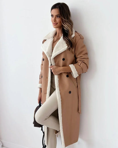 Cozy Trench Coat for Women with Notched Lapel Long Sleeve Double Breasted Faux Fur Lined Warm Style
