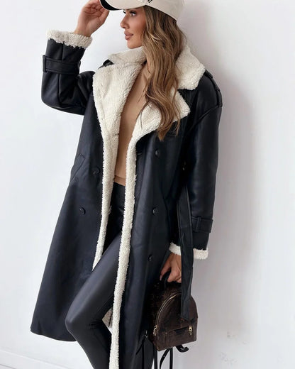 Cozy Trench Coat for Women with Notched Lapel Long Sleeve Double Breasted Faux Fur Lined Warm Style